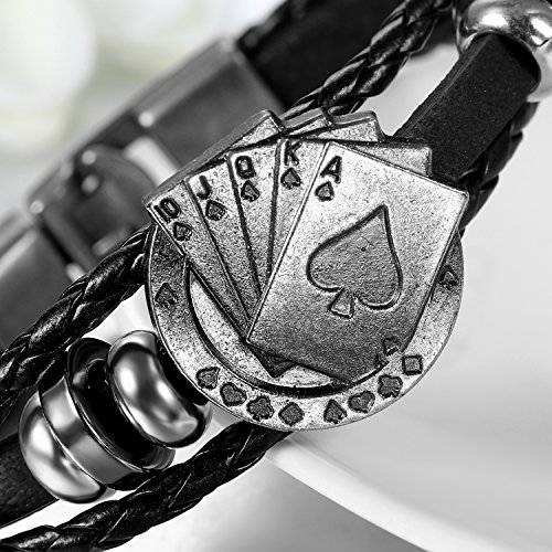 JewelryWe - Pulsera para hombre (trenzada, aleación cuero), diseño de cartas de póquer, color negro y plateado
