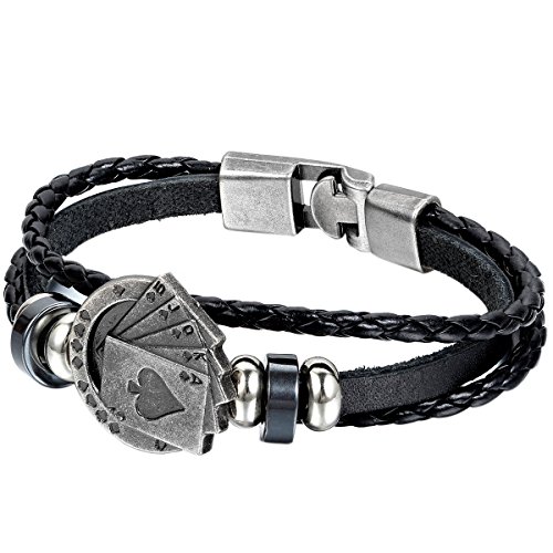 JewelryWe - Pulsera para hombre (trenzada, aleación cuero), diseño de cartas de póquer, color negro y plateado