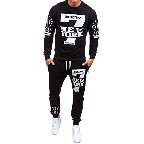 JiaMeng Hombre Sudaderas con Capucha Impreso con Estampado de Invierno Pantalones Top Conjuntos Chándal con Traje Deportivo(Negro,XL)