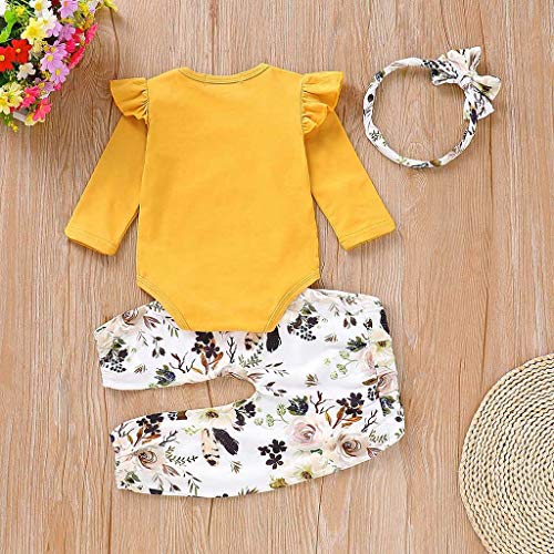 JiaMeng Mangas largas para bebés Mamelucos + Pantalones Florales + Cintas para la Cabeza Conjunto Trajes Verano Ropa Conjunto De 3 Piezas