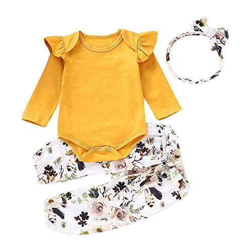 JiaMeng Mangas largas para bebés Mamelucos + Pantalones Florales + Cintas para la Cabeza Conjunto Trajes Verano Ropa Conjunto De 3 Piezas