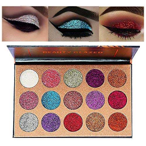 Jooayou 15 colore Ultra Pigmentado Paleta de Sombras de Ojos, Brillo de Sombra de Ojos, Polvo de Sombra de Ojos Maquillaje Impermeable de Larga Duración, No se Requiere Pegamento Con Purpurina