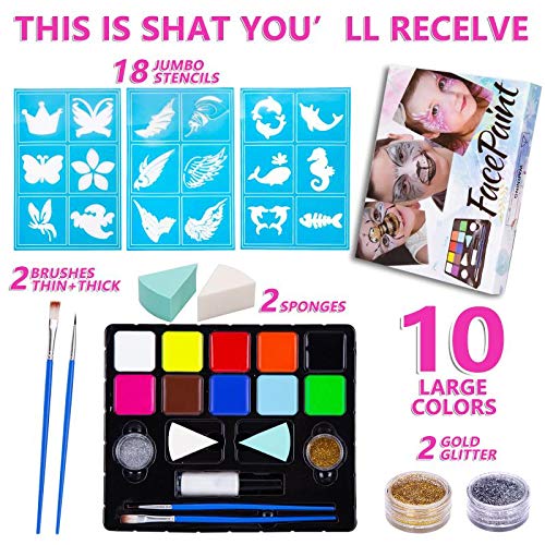 JORSHIMAN Pinturas Cara, Pintura Facial - 10 Colores, 2 Purpurina, 2 Pinceles, 2 Esponjas, 5 Pegatinas de Plantillas, 30 Patrones, No Tóxico, Kit de Maquillaje de Carnaval de Halloween