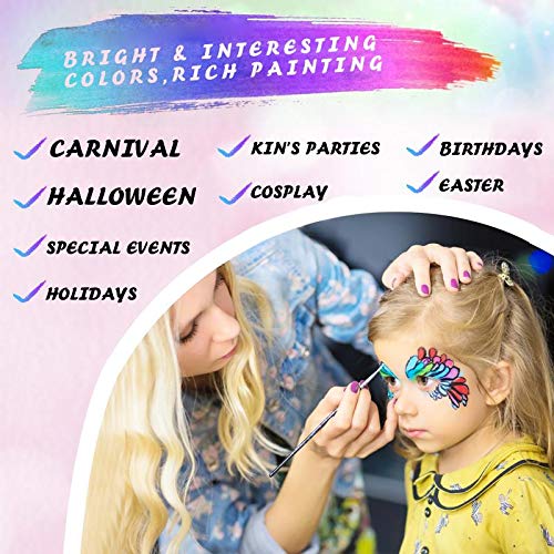 JORSHIMAN Pinturas Cara, Pintura Facial - 10 Colores, 2 Purpurina, 2 Pinceles, 2 Esponjas, 5 Pegatinas de Plantillas, 30 Patrones, No Tóxico, Kit de Maquillaje de Carnaval de Halloween
