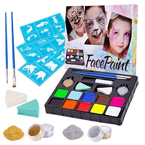 JORSHIMAN Pinturas Cara, Pintura Facial - 10 Colores, 2 Purpurina, 2 Pinceles, 2 Esponjas, 5 Pegatinas de Plantillas, 30 Patrones, No Tóxico, Kit de Maquillaje de Carnaval de Halloween