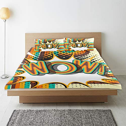 JOSENI Bedding Juego de Funda de Edredón,Wow - Letras Retro con Fondo de Cartel de patrón de semitono de Sombras,Microfibra SIN LLENAR,(Cama 200x200 + Almohada)