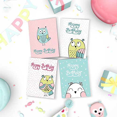 Joy Masters - 16 Tarjetas de Cumpleaños Infantiles con Buhos Adorables para Niños - Vol. 4