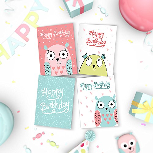 Joy Masters - 16 Tarjetas de Cumpleaños Infantiles con Buhos Adorables para Niños - Vol. 4