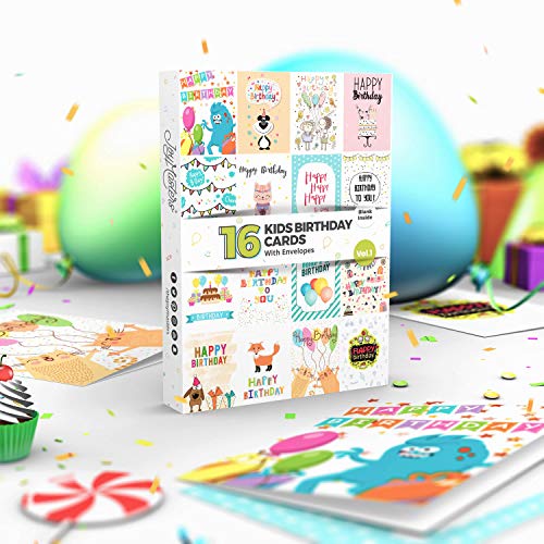 Joy Masters - 16 Tarjetas de Cumpleaños Infantiles | Paquete Variado para Niños y Niñas - Vol. 1