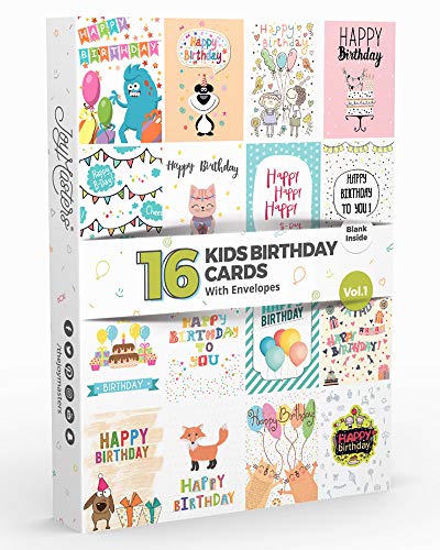Joy Masters - 16 Tarjetas de Cumpleaños Infantiles | Paquete Variado para Niños y Niñas - Vol. 1