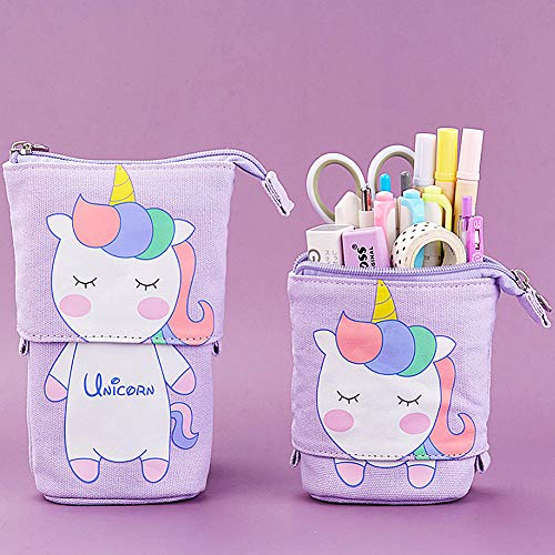 JPYH Estuche para Lápices, Lindo Gato Retráctil Portalápices de Transformador de Lona PU Bolsa de Cosméticos Maquillaje Bolsa de Papelería con Cremallera para Alumnos Chicos Chicas(Unicornio)