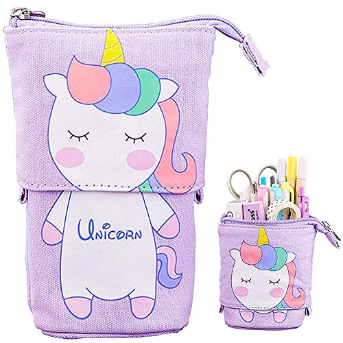 JPYH Estuche para Lápices, Lindo Gato Retráctil Portalápices de Transformador de Lona PU Bolsa de Cosméticos Maquillaje Bolsa de Papelería con Cremallera para Alumnos Chicos Chicas(Unicornio)