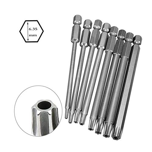 JTENG 8 piezas vástago magnético tornillos torx seguridad 100 mm largo extensión Vástago hexagonal de 1/4 puntas de Torx de seguridad Destornillador Bit S2 Torx T8 T10 T15 T20 T25 T27 T30 T40