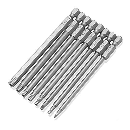 JTENG 8 piezas vástago magnético tornillos torx seguridad 100 mm largo extensión Vástago hexagonal de 1/4 puntas de Torx de seguridad Destornillador Bit S2 Torx T8 T10 T15 T20 T25 T27 T30 T40