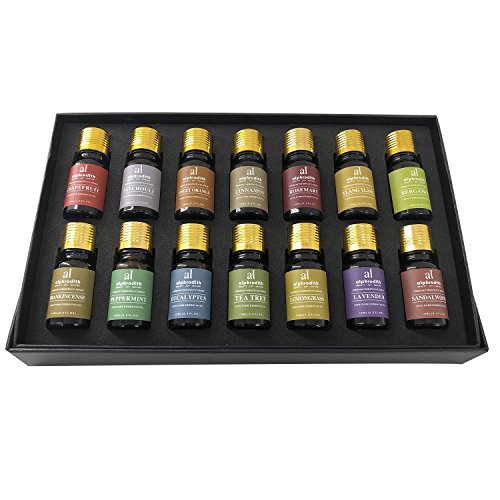 Juego de 14 Botes de Aromas (10 ml/botella, Grado terapéutico puro, Aroma a Sándalo, Ylang Ylang, Lavanda, Eucalipto, Incienso, Naranja dulce, Romero, Pomelo, Bergamota, Canela)