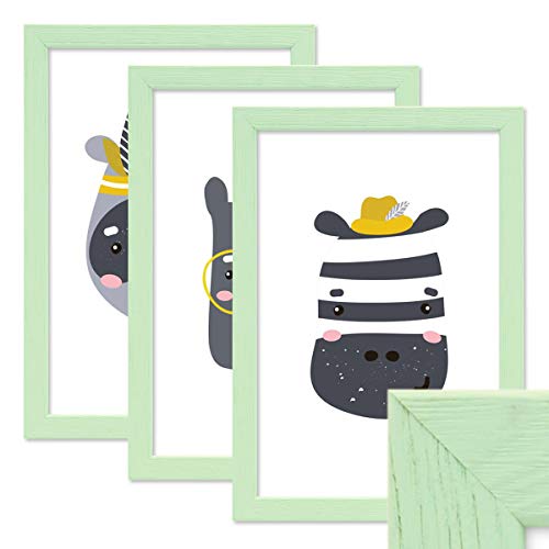 Juego de 3 Marcos Verdes 21x30 cm / A4, Madera Maciza con acrílico/Marco de Fotos Menta/Marco Intercambiable