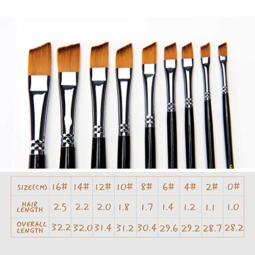 Juego de brochas para pintura con acuarela, acrílico (9 piezas, cerdas de marta cibelina, en ángulo, con mango largo de abedul, 6 tamaños)