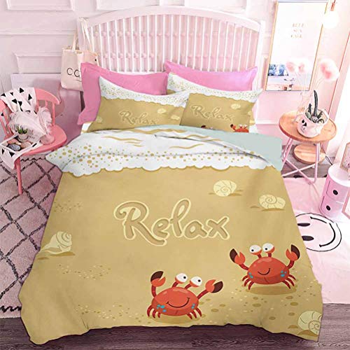Juego de edredón ligero 3 tarjetas de verano divertidas con lindos cangrejos en la playa vacaciones vacaciones temáticas impresión (3 piezas, California King Size) microfibra suave