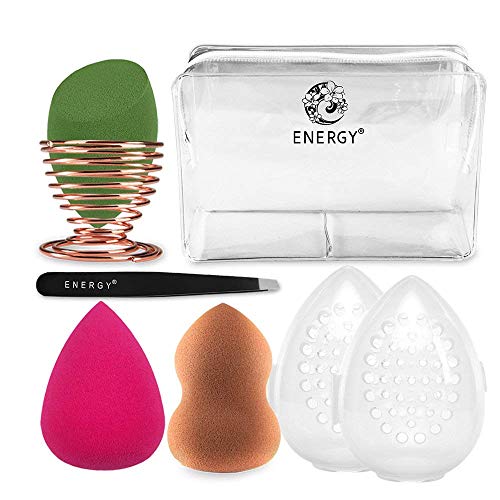 Juego de esponjas de maquillaje 8 en 1 de Energy con estuche organizador de viaje (Red+Green+Coffee)
