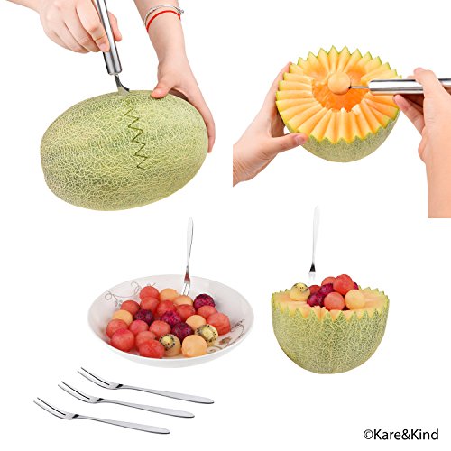 Juego Premium para tallar fruta: Rebanador de patilla de acero inoxidable, sacabocado de melón y cuchillo de fruta 2-en-1 y un rebanador de aguacate – Bono: 5 tenedores de fruta de acero inoxidable