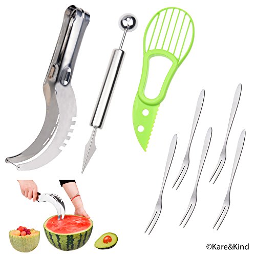 Juego Premium para tallar fruta: Rebanador de patilla de acero inoxidable, sacabocado de melón y cuchillo de fruta 2-en-1 y un rebanador de aguacate – Bono: 5 tenedores de fruta de acero inoxidable