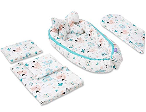JUKKI - Conjunto de 5 piezas para bebé (nido de 50 x 90 cm, cojín de lactancia, manta, manta para bebé, almohada, nido para bebés, 100% algodón, cuna de viaje y colchón