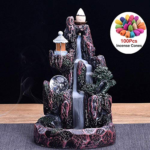 JULAN - Quemador de incienso con bola de cristal LED, incluye 100 conos de incienso – Soporte de incienso de montaña con efecto de fuente de humo de dragón – Decoración para el hogar