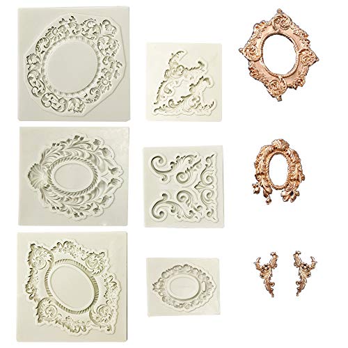 Juland 6 PCS Silicona Molde de Pastel de Fondant Estilo Barroco Retro del Marco de la Foto para Sugarcraft, Cupcake Topper, joyería, Arcilla polimérica, proyectos de artesanía - Gris