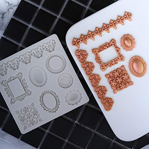 Juland Silicona Pastel de Fondant Molde para Chocolate, Hornear, Artesanía con Azúcar, Arcilla Polimérica, Jabón, Magdalena - Abeja Corona Espejo Clave Encaje de Corazon Marco de la Foto - Gris