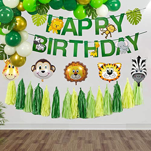Jungle Theme Party Supplies - Decoración de Fiesta de cumpleaños Feliz cumpleaños Banner Selva temática Globos de Animales Bosque Hawaiano Decoración de Fiesta