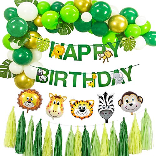 Jungle Theme Party Supplies - Decoración de Fiesta de cumpleaños Feliz cumpleaños Banner Selva temática Globos de Animales Bosque Hawaiano Decoración de Fiesta