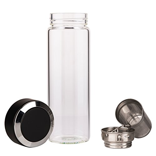 Justfwater Deportes Botella de Cristal de Vidrio con Infusor de Frutas,Con Filtro Colador para Té, con Funda, Jarra de Café