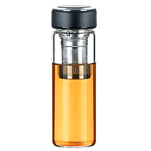 Justfwater Deportes Botella de Cristal de Vidrio con Infusor de Frutas,Con Filtro Colador para Té, con Funda, Jarra de Café