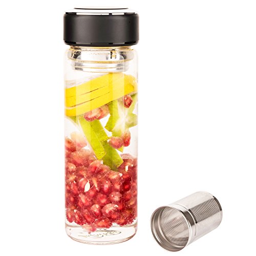 Justfwater Deportes Botella de Cristal de Vidrio con Infusor de Frutas,Con Filtro Colador para Té, con Funda, Jarra de Café