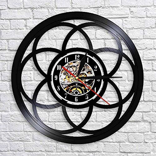 JXCDNB Flor de la Vida Diseño geométrico Geometría Sagrada Moderna Familia Semilla de la Vida LP Vinyl Record Reloj de Pared Hecho a Mano Regalo 12 Pulgadas