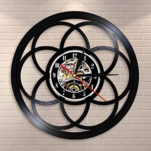 JXCDNB Flor de la Vida Diseño geométrico Geometría Sagrada Moderna Familia Semilla de la Vida LP Vinyl Record Reloj de Pared Hecho a Mano Regalo 12 Pulgadas