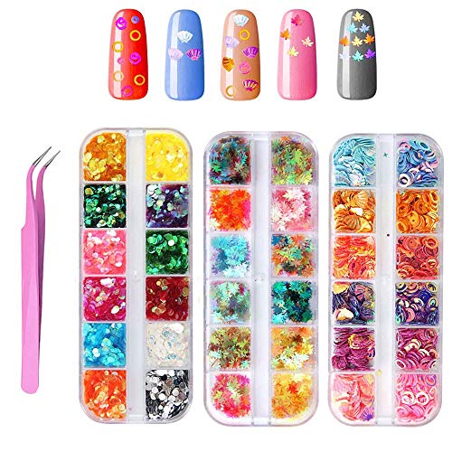 Kalolary 3 cajas Lentejuelas Holográficas de Uñas con Pinzas，Decoración Purpurinas Confeti Uñas Nail Art Glitter Brillos para Manicura y Diseños de Uñas