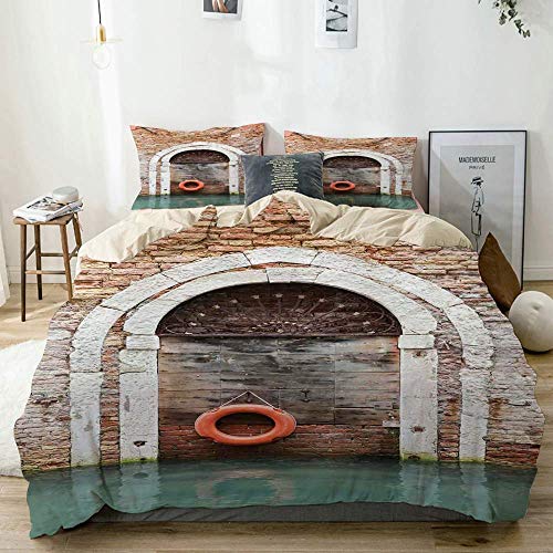 Kanaite Juego de Funda nórdica Beige, Estampado de la Puerta de Venecia histórica Italiana, Juego de Cama Decorativo de 3 Piezas con 2 Fundas de Almohada