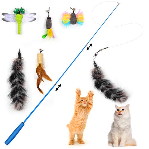 KATELUO Juguete Pluma de Gato, Juguetes para Gatos, Natural de Plumas Varita Gato Juguete con 5 Recargas Pluma, Juguete para Gatos (6pcs)