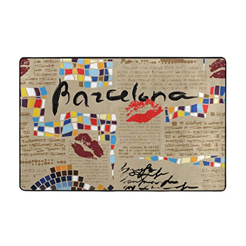 KATERN Alfombra Antideslizante de Baño,Imitación De Periódico Barcelona con Mosaicos Y Labios,Súper Suave Multiuso Lavable a Máquina75x45cm