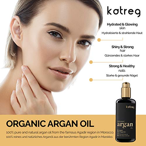 KATREG Aceite de Argán Orgánico Argan Oil - Aceite Natural, Hidratante y Nutritivo para Piel, Cabello, Uñas - Prensado en Frío Marruecos - Rico en Vitamina E y Antioxidantes - 200ml