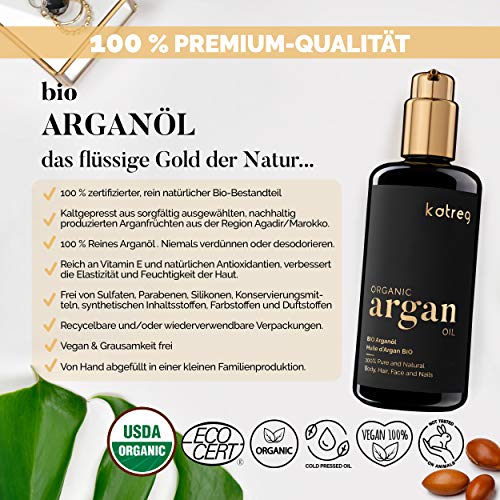 KATREG Aceite de Argán Orgánico Argan Oil - Aceite Natural, Hidratante y Nutritivo para Piel, Cabello, Uñas - Prensado en Frío Marruecos - Rico en Vitamina E y Antioxidantes - 200ml