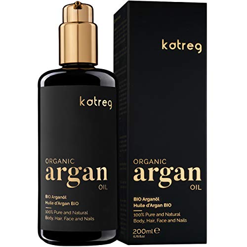 KATREG Aceite de Argán Orgánico Argan Oil - Aceite Natural, Hidratante y Nutritivo para Piel, Cabello, Uñas - Prensado en Frío Marruecos - Rico en Vitamina E y Antioxidantes - 200ml