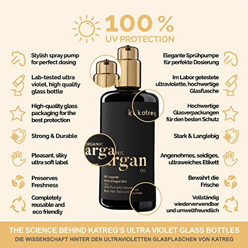 KATREG Aceite de Argán Orgánico Argan Oil - Aceite Natural, Hidratante y Nutritivo para Piel, Cabello, Uñas - Prensado en Frío Marruecos - Rico en Vitamina E y Antioxidantes - 200ml