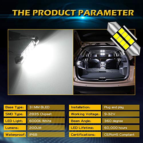 KATUR 1.25 '' 31mm DE3175 DE3021 DE3022 5630 Chipsets de Aluminio CanBus sin Error Festoon Coche Interior Mapa de la Puerta Interior Luces de Techo Xenon Blanco 12V Paquete de 10
