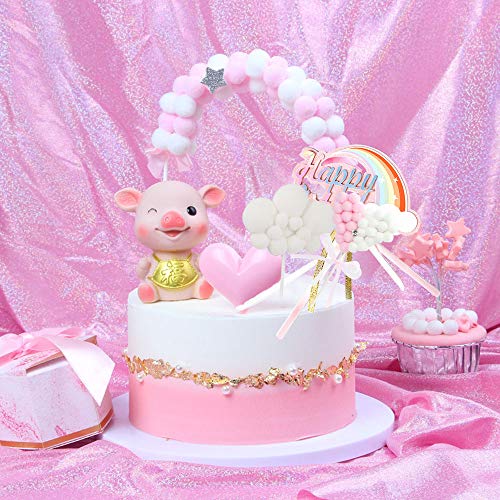 Keleily arco iris Pastel de cumpleaños Topper pompón Nubes puente de arco Banderas en forma de corazón pompón Decoración de pastel de bolita (7 piezas, rosa)