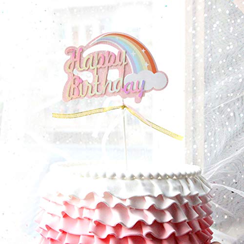 Keleily arco iris Pastel de cumpleaños Topper pompón Nubes puente de arco Banderas en forma de corazón pompón Decoración de pastel de bolita (7 piezas, rosa)