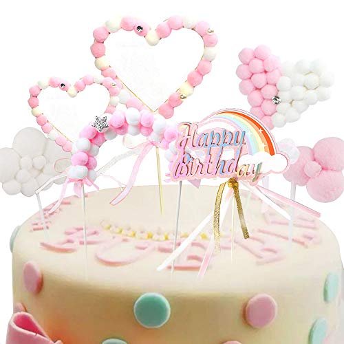 Keleily arco iris Pastel de cumpleaños Topper pompón Nubes puente de arco Banderas en forma de corazón pompón Decoración de pastel de bolita (7 piezas, rosa)
