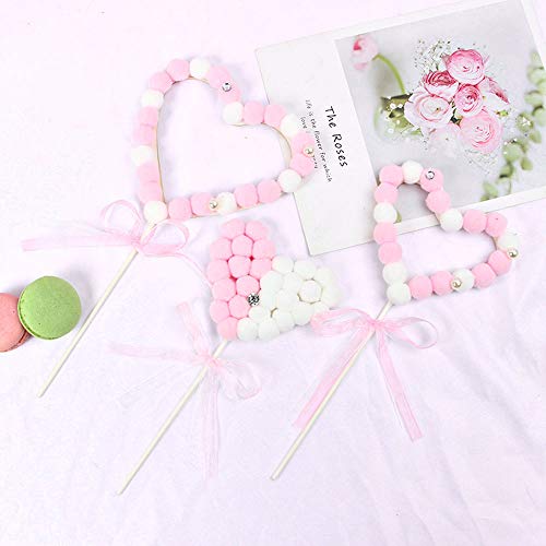 Keleily arco iris Pastel de cumpleaños Topper pompón Nubes puente de arco Banderas en forma de corazón pompón Decoración de pastel de bolita (7 piezas, rosa)