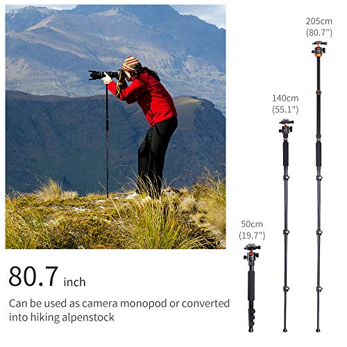 K&F Concept S210 200cm Trípode Completo para Cámara Reflex con Monopie 205cm/Pies de Goma Antideslizantes/Puntas de Metal Pica/Cuerda para Muñeca y Rótula de Bola 360° para Canon Nikon Sony Olympus